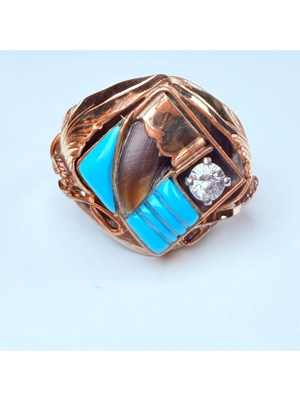 Native American Silver Ray Navajo Turquoise Claw CZ Sterling Silver Gold Ring